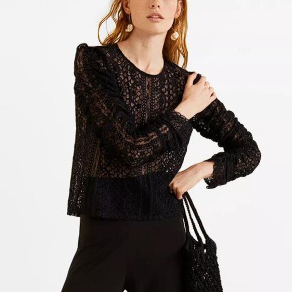 MANGO Women's Lace Blouse Size XXS In Black - Picture 2 of 8